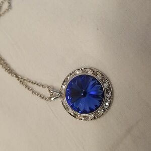 Sapphire Crystal Necklace, Blue Rhinestone Necklace, Sapphire Halo Necklace